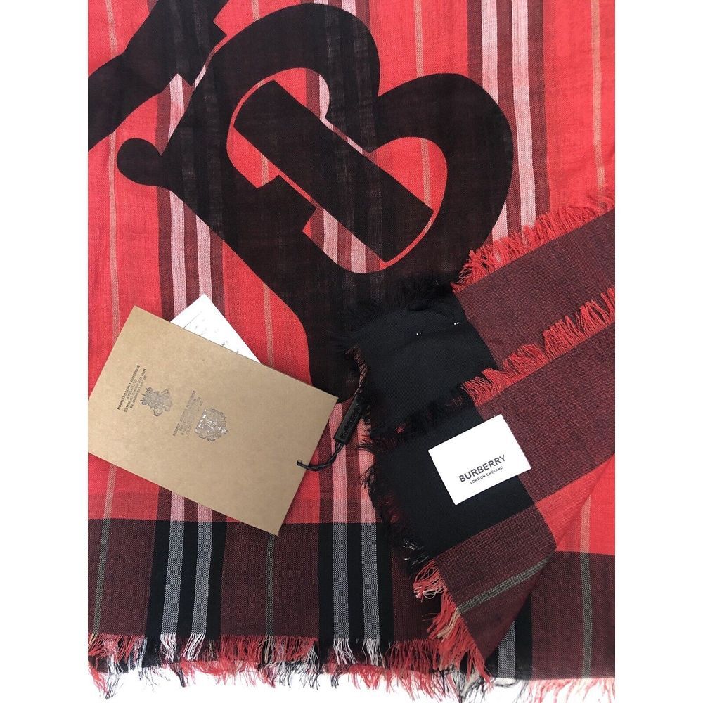 BURBERRY Scarf Bright Red TB Heritage Stripe Wool Silk Italy Square 57x57" NEW‎ - Picture 3 of 5